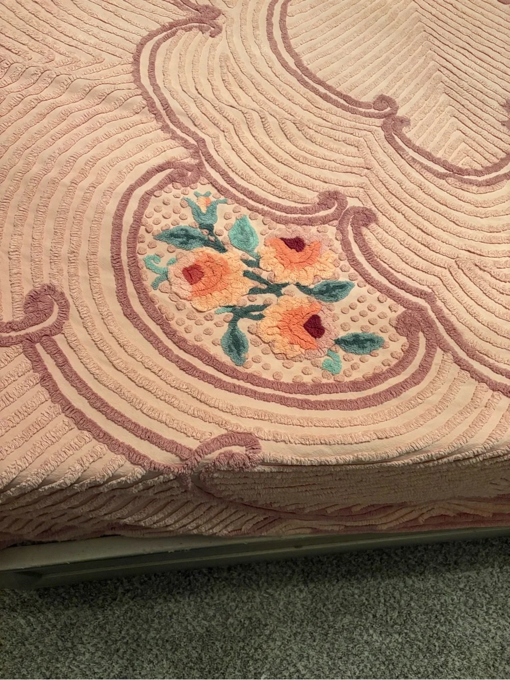 Rare Vintage Retrac Chenille Pair of Bedspreads Peach Floral Scrollwork
